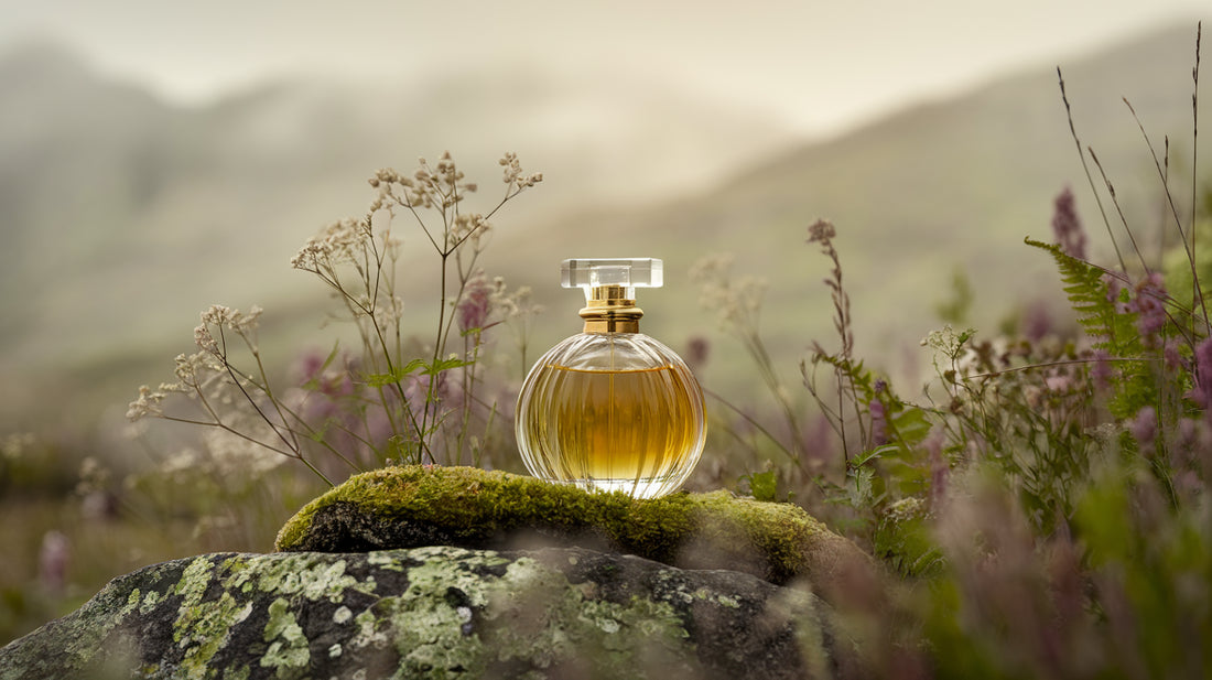 Perfume bottle in Snowdonia landscape, showcasing nature-inspired fragrance creation