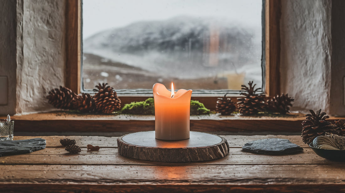 Atmospheric scene with a burning candle inspired by Snowdonia's landscapes