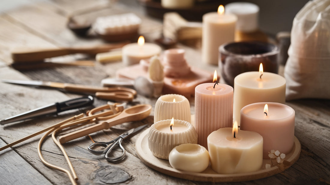 Artisanal candle-making workspace showcasing small batch candles and wax melts