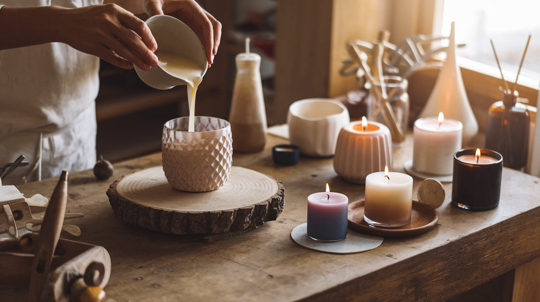 Artisan hand pouring a candle in a sunlit studio, showcasing the craftsmanship of handmade candles