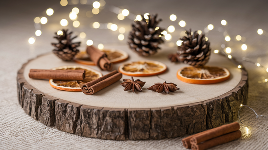 Natural Christmas ingredients showing cinnamon sticks, dried oranges and winter spices with festive bokeh lighting