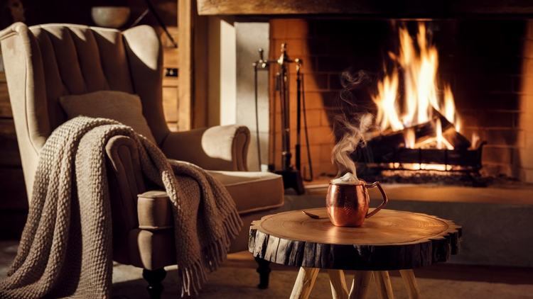 Cosy winter living room interior with warm fireplace and comfortable seating perfect for cold evenings