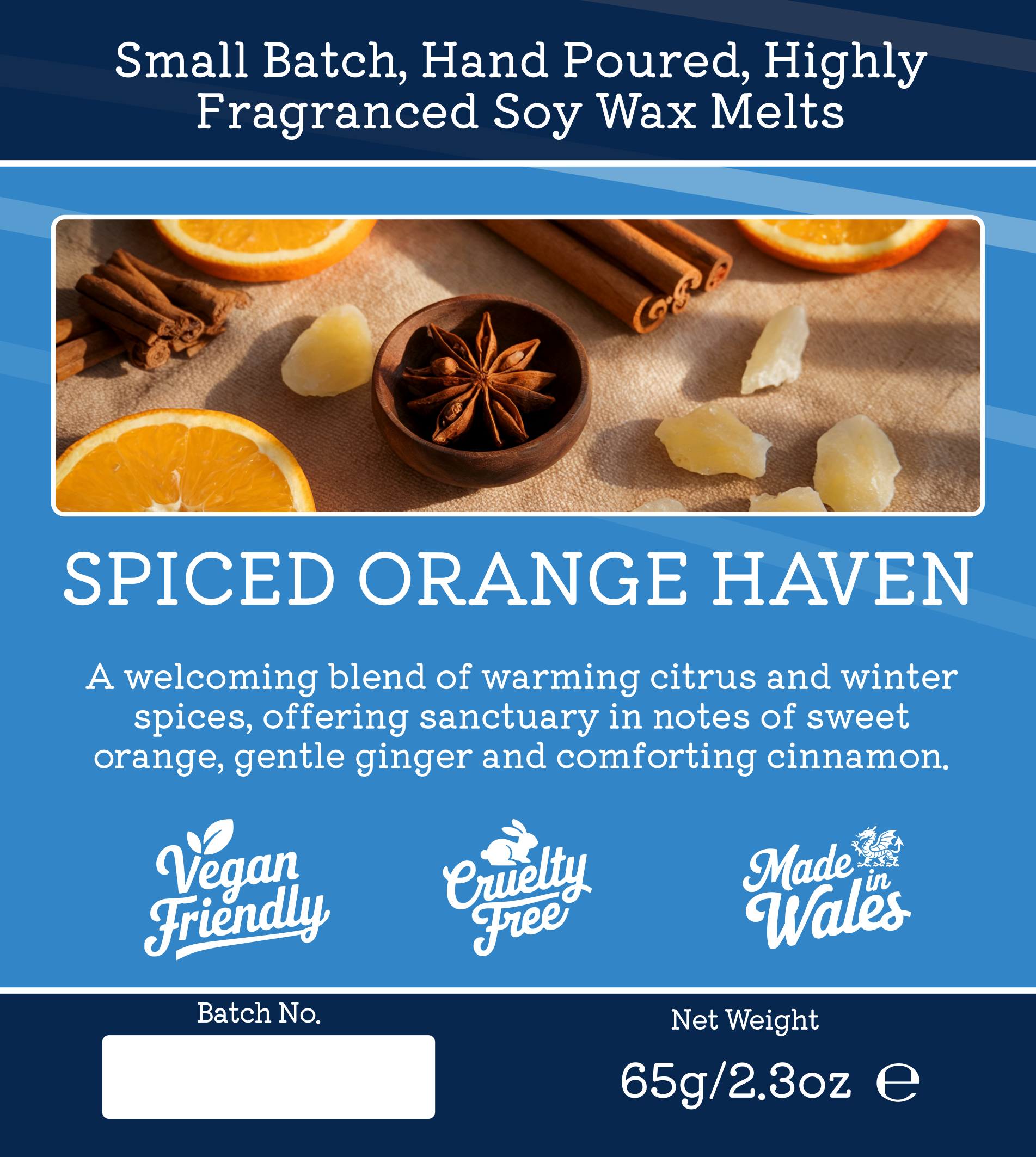 Spiced Orange Haven luxury wax melt with cinnamon and vanilla winter fragrance